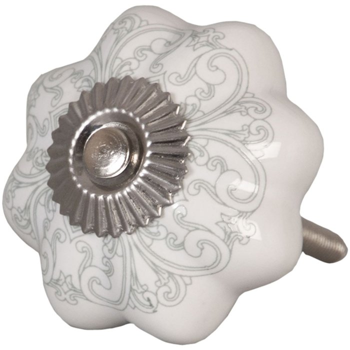 Clayre & Eef 62341 Dveřní klika Ø 4,5 cm Bílá šedá keramika