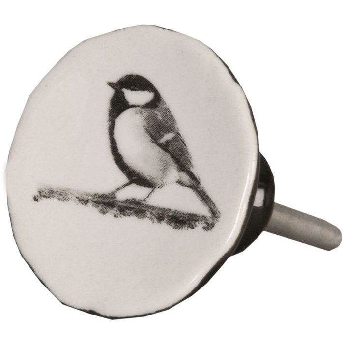 Clayre & Eef 62343 Dveřní klika Ø 4 cm bílá černá keramická ptáci kulatá