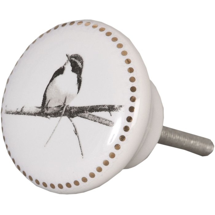 Clayre & Eef 62344 Dveřní knoflík Ø 4 cm Bílý šedý keramický pták kulatý