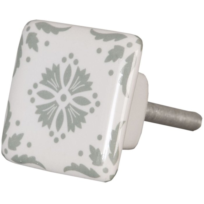 Clayre & Eef 62346 Dveřní klika 3 cm bílá šedá keramická čtvercová