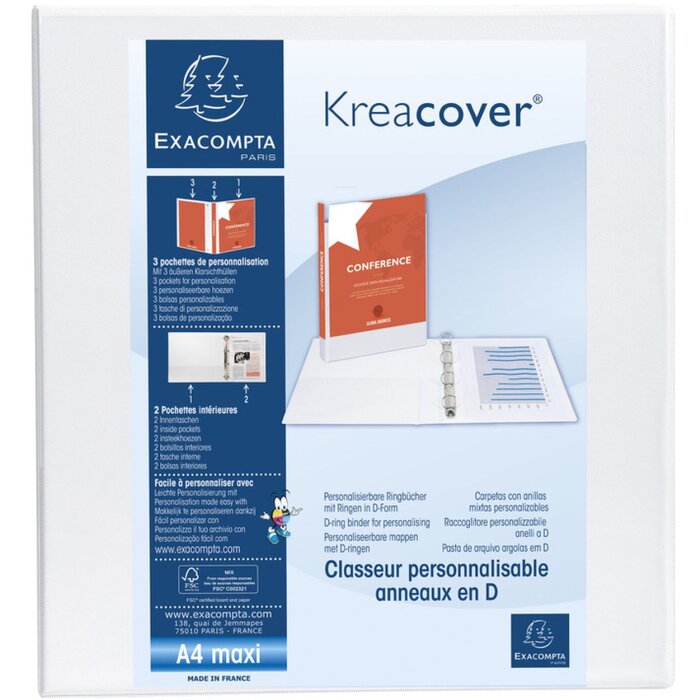 Exacompta kroužkový pořadač 2 D kroužky 60 mm 3 vnější kapsy A4 Maxi Krea Cover White