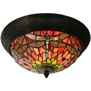 LumiLamp 5LL-5360 Stropní svítidlo Tiffany Ø 38x19 cm červenozelená skleněná vážka trojúhelník