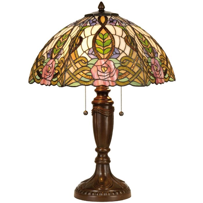 LumiLamp 5LL-5370 Stolní lampa Tiffany Ø 47x61 cm zelená růžová skleněná růže půlkruhová