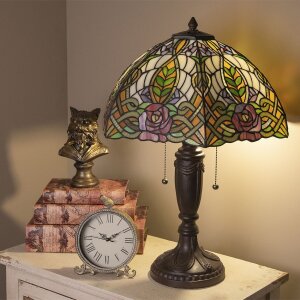 LumiLamp 5LL-5370 Stolní lampa Tiffany Ø 47x61 cm zelená růžová skleněná růže půlkruhová