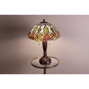 LumiLamp 5LL-5370 Stolní lampa Tiffany Ø 47x61 cm zelená růžová skleněná růže půlkruhová