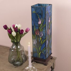 LumiLamp 5LL-5749 Stolní lampa Tiffany 17x17x58 cm zeleno-růžové skleněné tulipány čtvercová