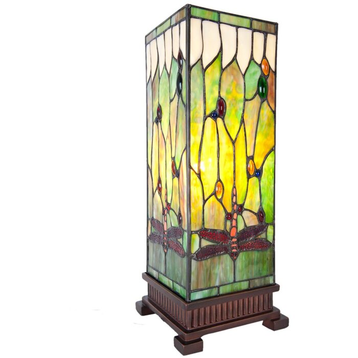 LumiLamp 5LL-5847 Stolní lampa Tiffany 18x18x45 cm zelenohnědá skleněná vážka čtvercová