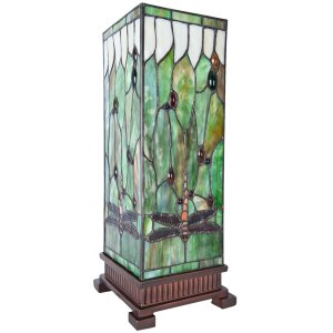 LumiLamp 5LL-5847 Stolní lampa Tiffany 18x18x45 cm zelenohnědá skleněná vážka čtvercová
