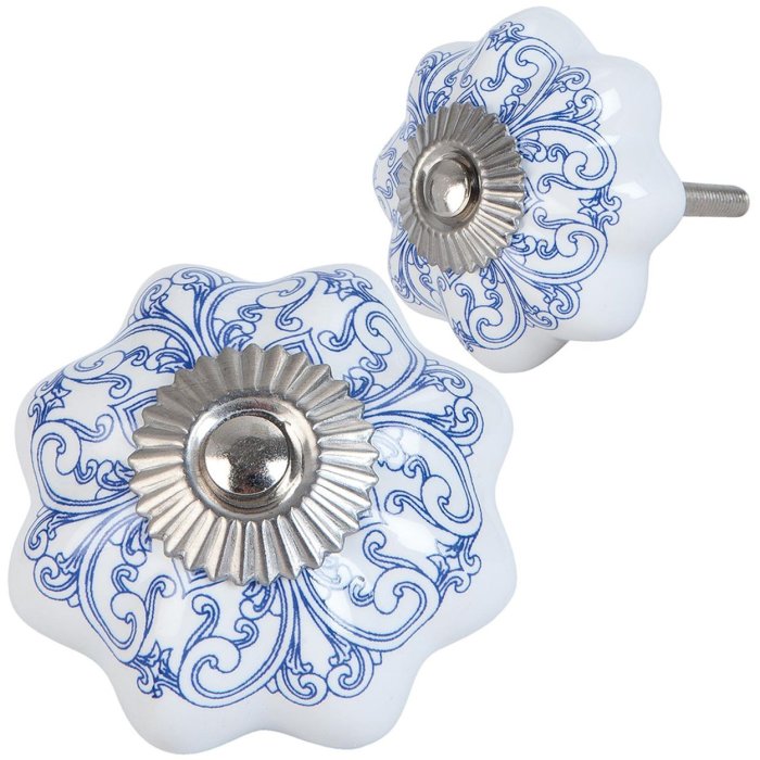 Clayre & Eef 63417 Dveřní knoflík Ø 4 cm Modrá bílá keramika