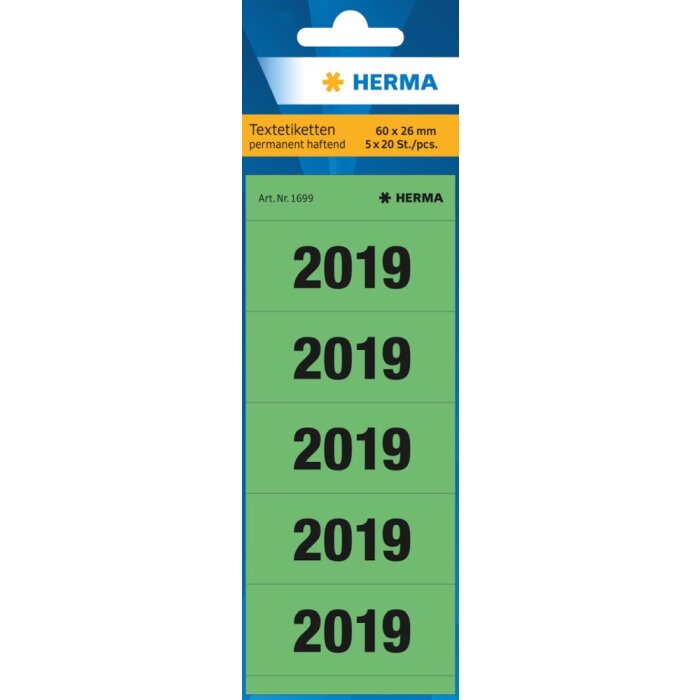 Herma čísla roku 2019 pro pořadače, 60 x 26 mm, zelená, permanentní lepidlo