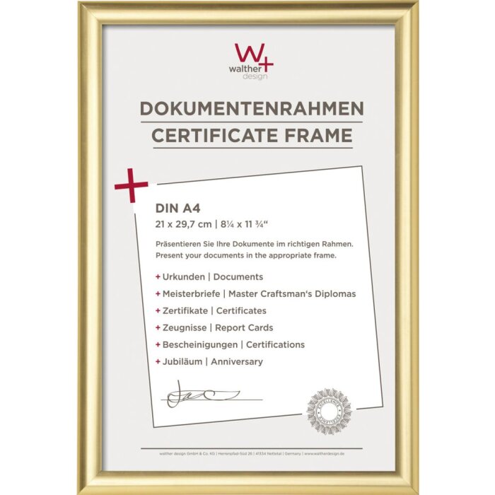 Rámeček na certifikát Walther Trendstyle 21x29,7 cm zlatý DIN A4