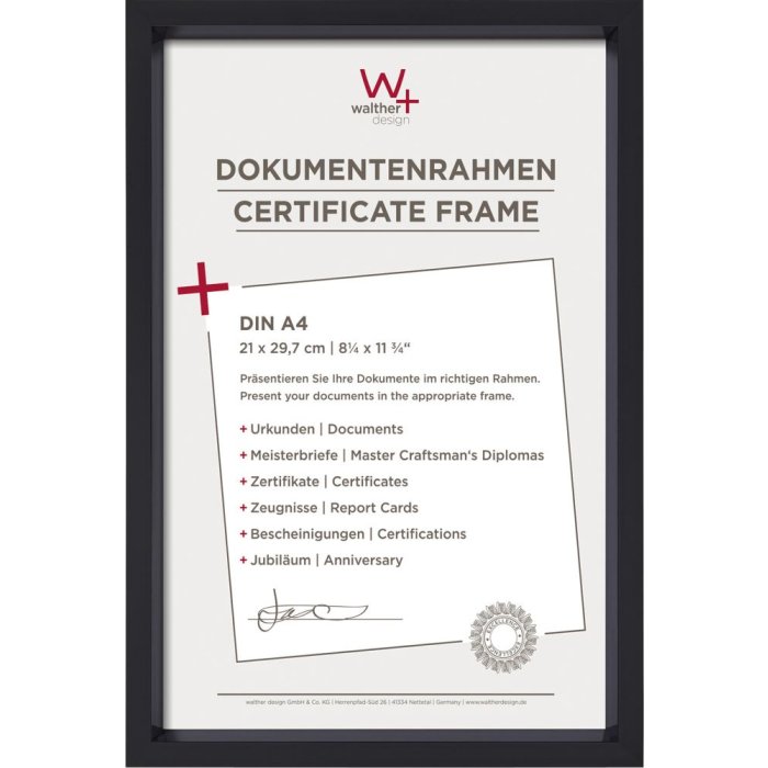 Plastový rámeček Walther Steel Style 21x29,7 cm černý rámeček na certifikáty DIN A4