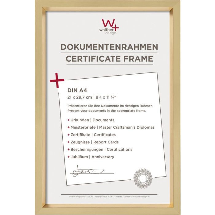 Plastový rámeček Walther Steel Style A4 zlatý rámeček na certifikát
