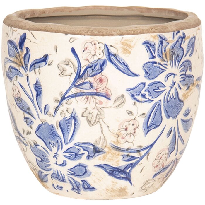 Clayre & Eef 6CE1031S Květináč Ø 13x11 cm Modrobéžový keramický květináč kulatý
