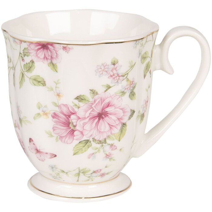 Clayre & Eef 6CEMU0059 Hrnek 200 ml Béžový růžový porcelán Květiny Zlato