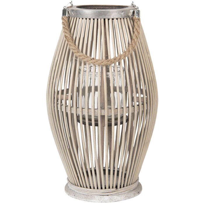 Clayre & Eef 6RO0470M Svítilna Ø 23x40 cm Šedý dřevěný skleněný kulatý svícen