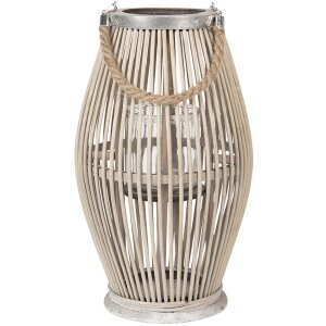 Clayre & Eef 6RO0470M Svítilna Ø 23x40 cm Šedý dřevěný skleněný kulatý svícen