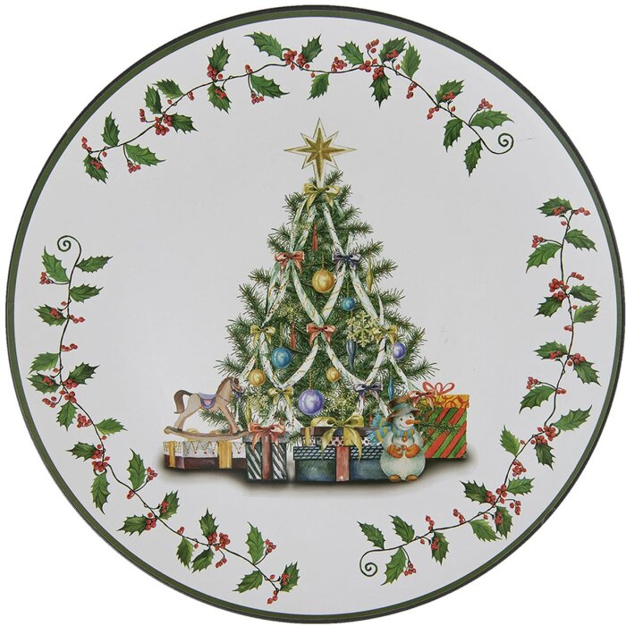 Clayre & Eef talíř Ø 33 cm Zelený bílý plastový kulatý vánoční stromek