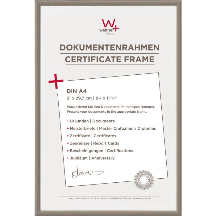 Walther plastový rámeček NEW LIFESTYLE 21x29,7 cm ocelový rámeček na certifikáty DIN A4