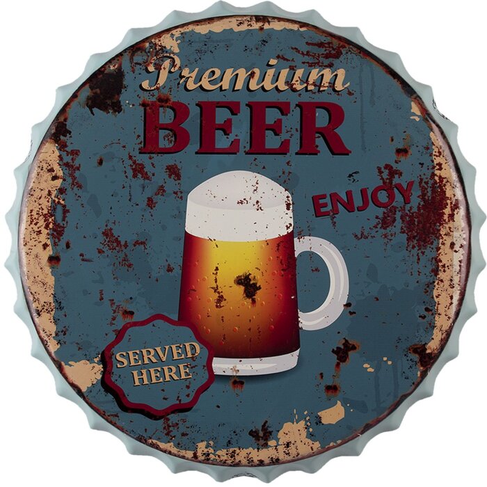 Clayre & Eef 6Y4405 Textová cedule Ø 50 cm Modrá železná nástěnná cedule Premium Beer