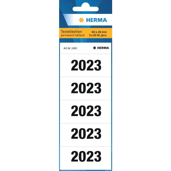 HERMA čísla roku 2023 pro pořadače, 60 x 26 mm, bílá, permanentní lepidlo