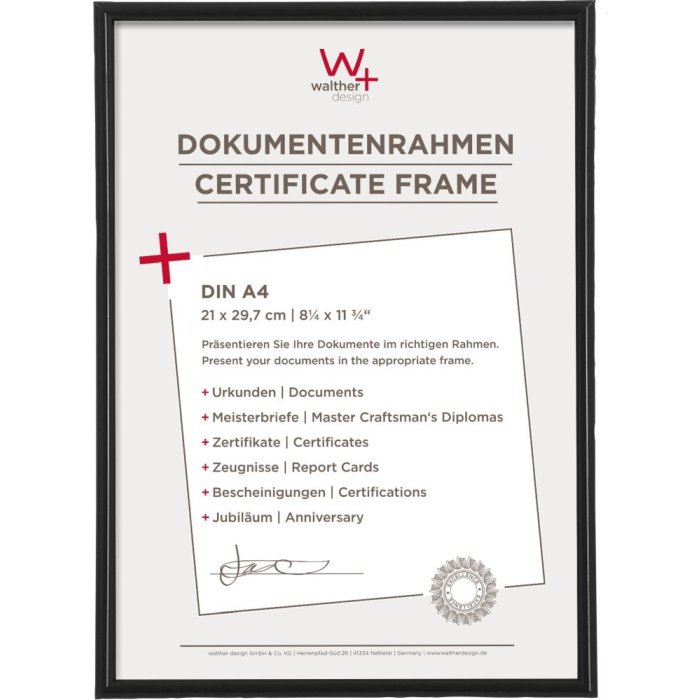 Plastový rámeček Walther GALERIA 21x30 cm černý rámeček na certifikáty DIN A4