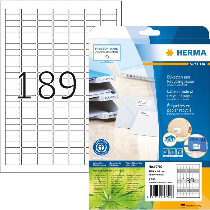 HERMA 10700 Etikety recyklovaný papír A4 25,4x10mm bílý permanentní