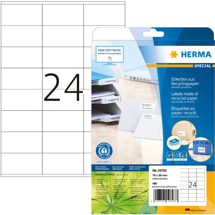 HERMA 10703 Etikety recyklovaný papír A4 70x36mm bílý permanentní
