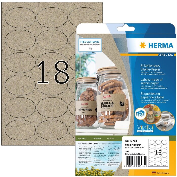 HERMA 10763 Štítky Silphie papír A4 oválný 63,5x42,3mm přírodní hnědý permanentní