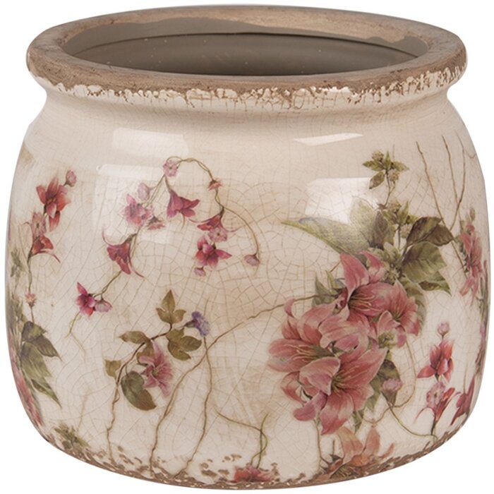 Clayre & Eef 6CE1628S Květináč keramický béžový růžový Ø 12x10 cm Venkovský dům