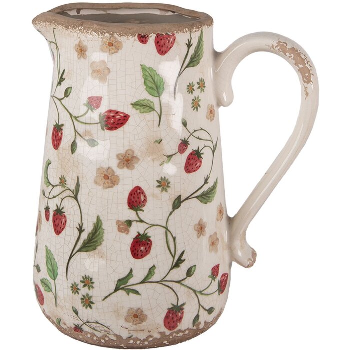 Clayre & Eef 6CE1633L Dekorativní džbán béžově červený keramický 21x15x23 cm venkovský styl
