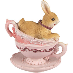 Clayre & Eef 6PR4986 Dekorativní králík v šálku 9x7x9 cm hnědá růžová