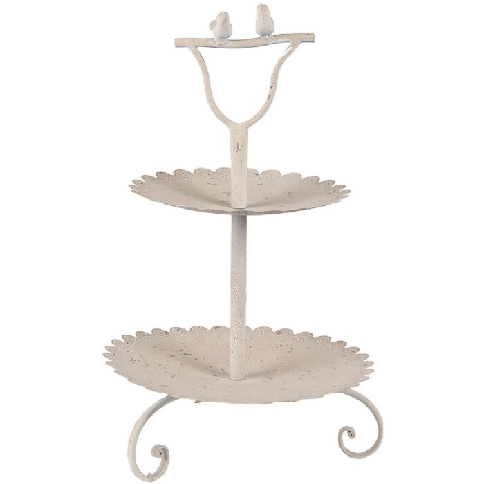 Clayre & Eef 6Y5601 Etážový nábytek béžový železný kulatý Ø 32x51 cm Antique s ptáčkem