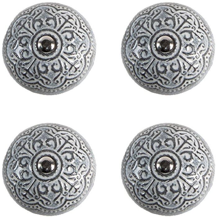 Clayre & Eef 65303 Klika na dveře Vintage Silver Ø 4x3/6 cm Sada 4 kusů