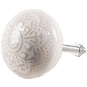 Clayre & Eef 65304 Dveřní klika keramická bílá zlatý vzor Ø4x3 cm
