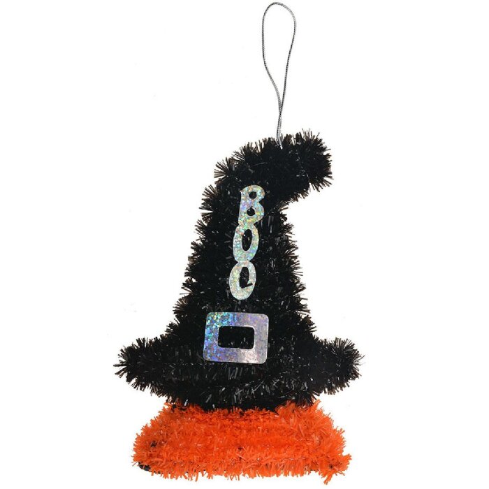 Clayre & Eef 65499 Dekorace přívěsek čarodějnický klobouk černá oranžová 12x3x15 cm