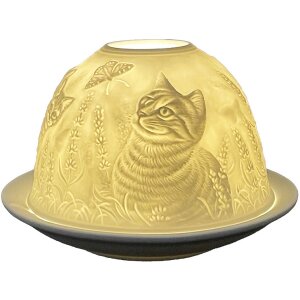 Clayre & Eef 6CE1807 Stojánek na čajovou svíčku Cat Ø 12x8 cm Bílý