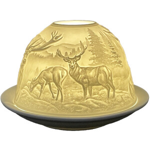 Clayre & Eef 6CE1812 Stojánek na čajovou svíčku Ø 12x8 cm Bílý porcelán s designem jelena