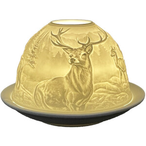Clayre & Eef 6CE1812 Stojánek na čajovou svíčku Ø 12x8 cm Bílý porcelán s designem jelena