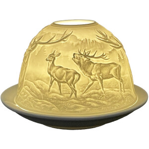 Clayre & Eef 6CE1812 Stojánek na čajovou svíčku Ø 12x8 cm Bílý porcelán s designem jelena