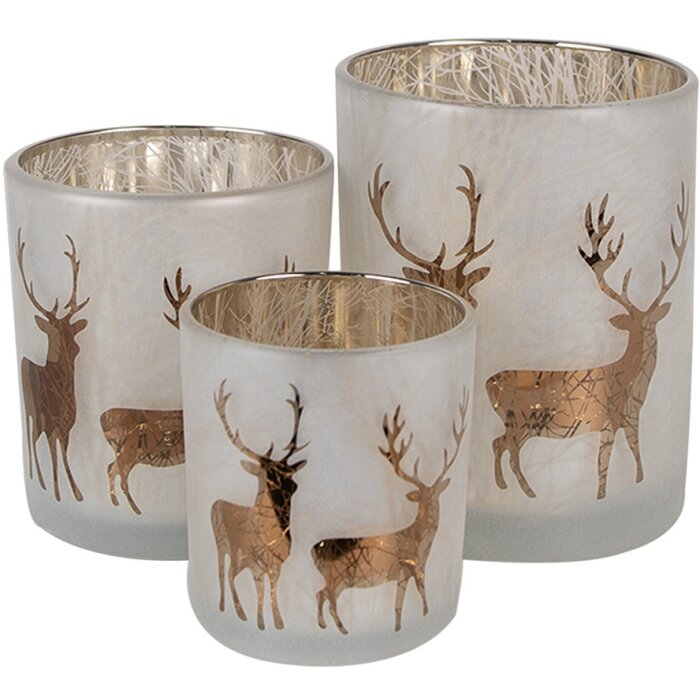 Clayre & Eef 6GL4666 Sada 3 držáků na čajové svíčky bílé zlato Ø 7/9/10 cm sklo