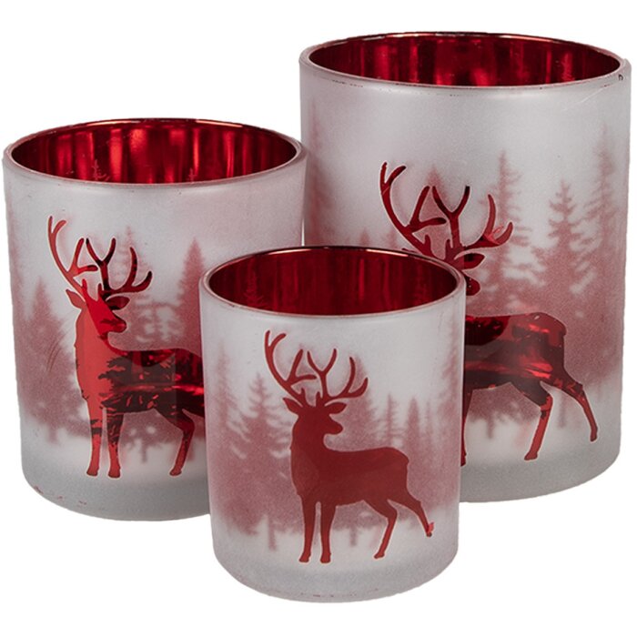 Clayre & Eef 6GL4665 Sada 3 držáků na čajové svíčky bílá červená Ø7x8 Ø9x10 Ø10x12 cm