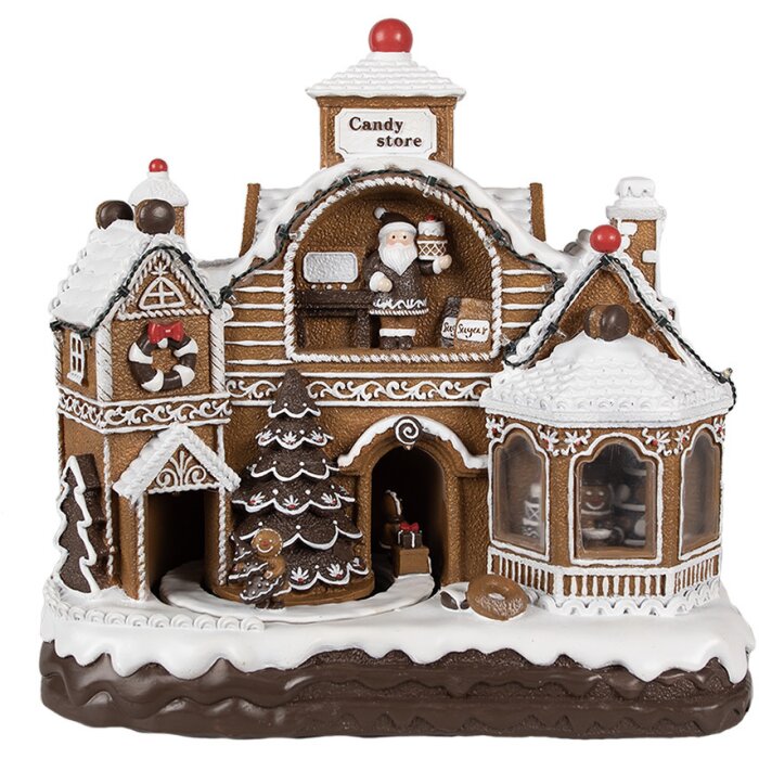 Clayre Eef Vánoční dekorace Perníková chaloupka LED Hudba 33x17x30 cm Hnědá barva