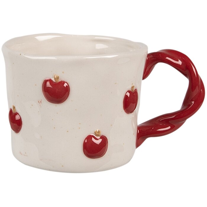 Clayre & Eef 6CEMU0150 Hrnek keramický 200 ml béžový červený s motivem jablka retro design