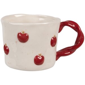 Clayre & Eef 6CEMU0150 Hrnek keramický 200 ml béžový červený s motivem jablka retro design