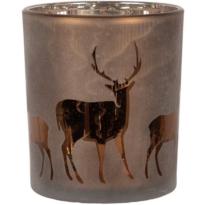 Clayre & Eef 6GL4661 Stojánek na čajovou svíčku s motivem jelena hnědý Ø 9x10 cm sklo