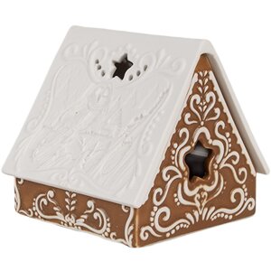 Clayre & Eef 6CE1744 Stojánek na čajovou svíčku House Porcelain Brown White 8x8x8 cm