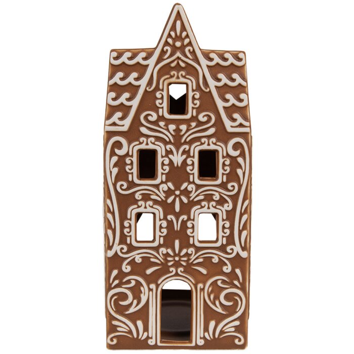 Clayre & Eef 6CE1746 Stojánek na čajovou svíčku House Porcelain Brown White 7x7x17 cm