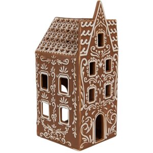 Clayre & Eef 6CE1746 Stojánek na čajovou svíčku House Porcelain Brown White 7x7x17 cm