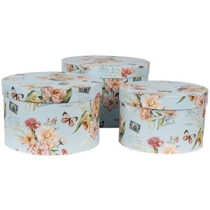 Clayre & Eef 66006 Sada 3 krabic na klobouky s modrým květinovým vzorem Ø 24/22/21 cm